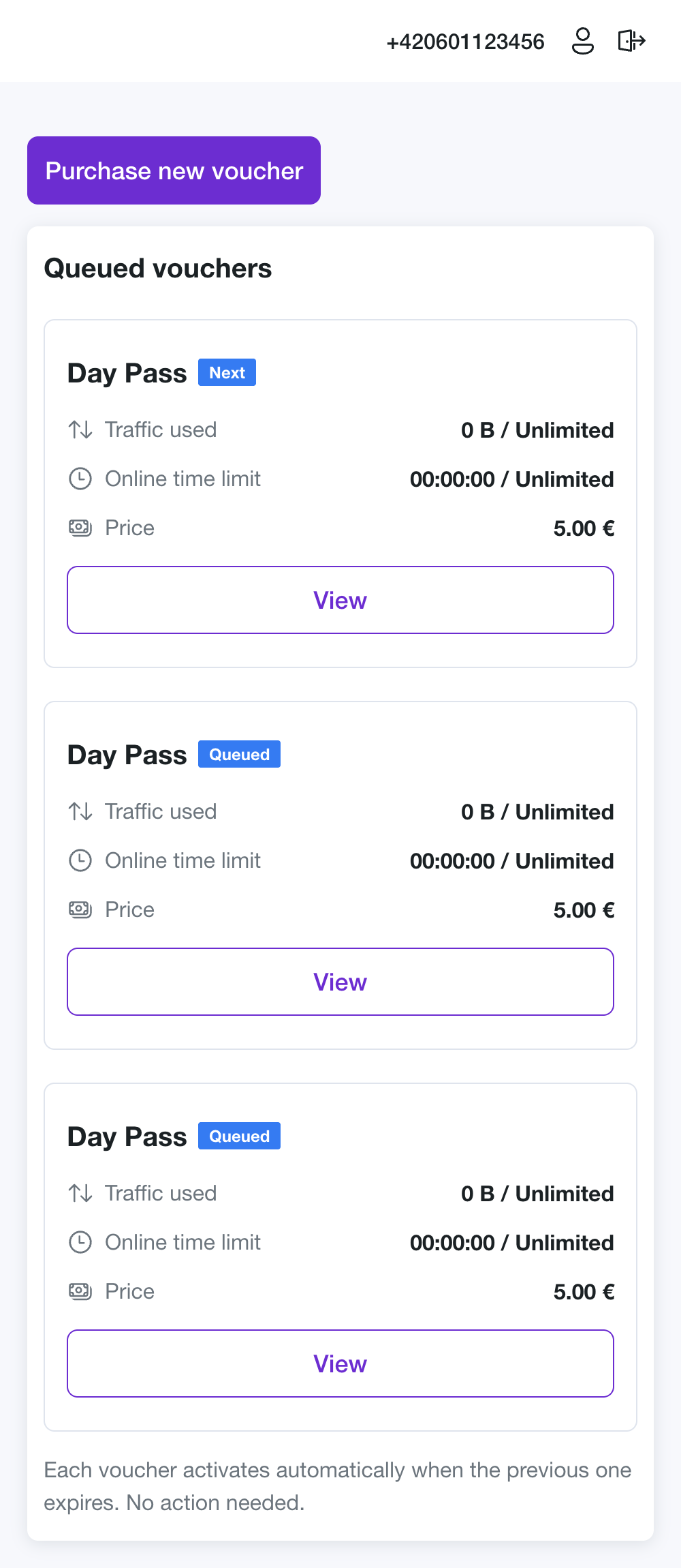 The My vouchers page with the queued vouchers below the Purchase button